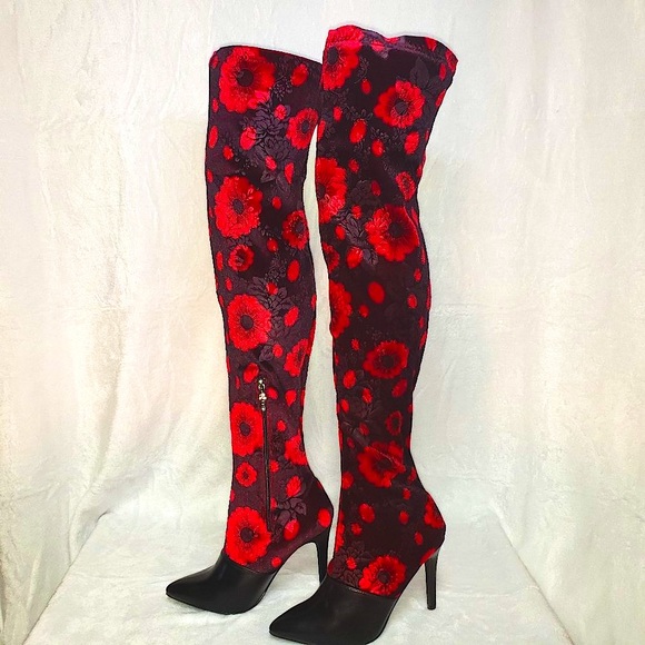 Mac J Black Cherry Stretch Velvet Red Floral OTK Stocking Boots 3.5" High Heel - Picture 5 of 15
